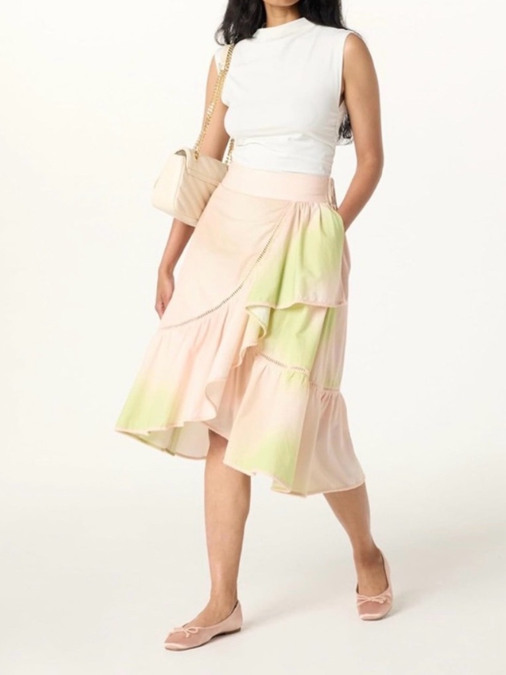 🆕The Drop Boho Ruffled Midi Skirt with Bobble Tie Dye, Large NWT